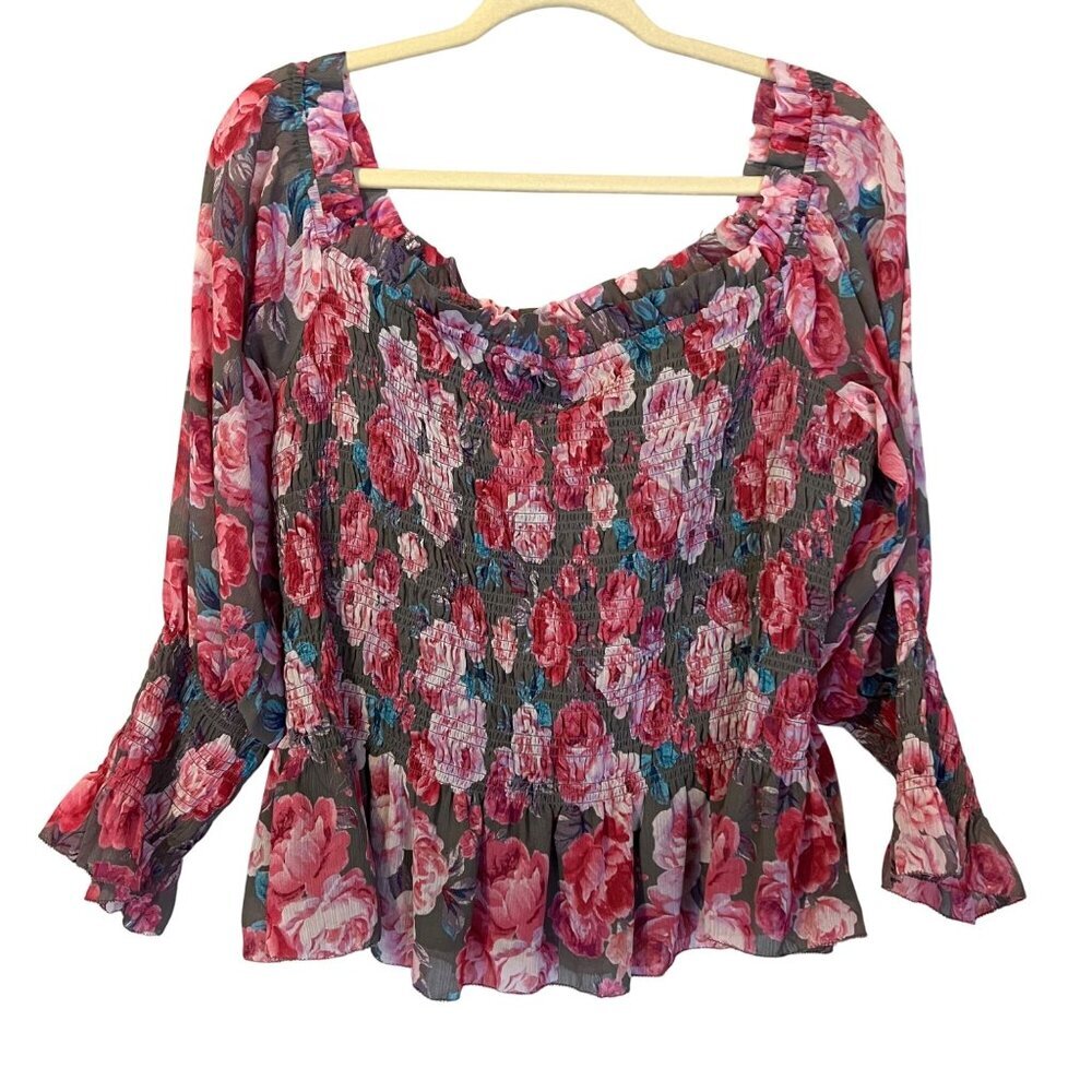 Torrid Crinkle Chiffon Floral Blouse Top 3X Smocked Off Shoulder Gray Pink